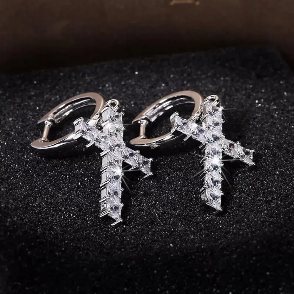 Large Asscher Cut Cross Earrings in White Gold